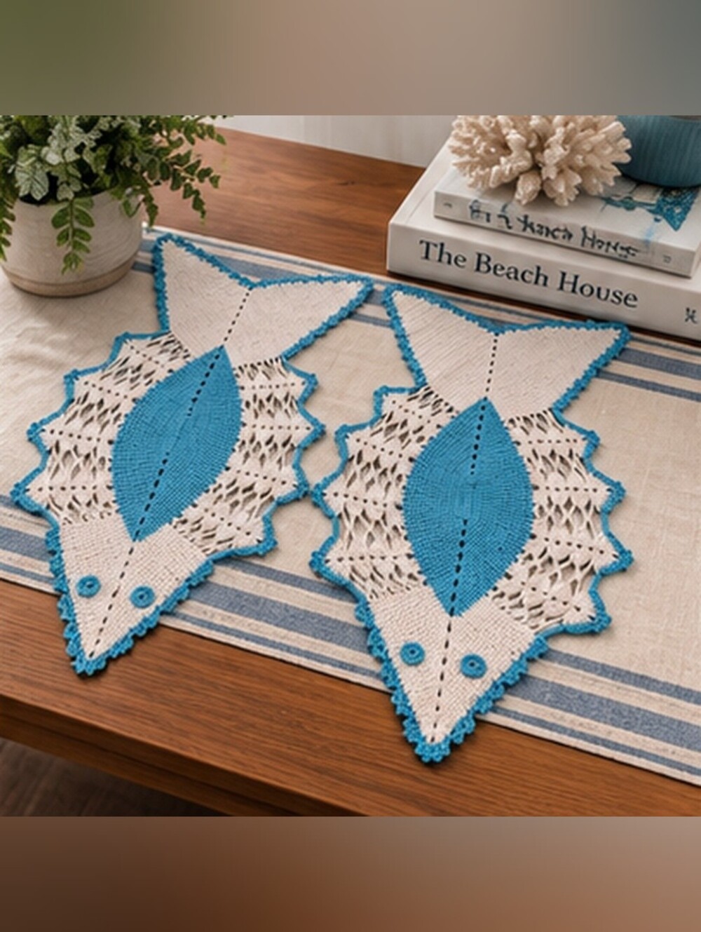 Vintage Crochet Fish Doilies Set of 2 Blue & White Handmade 19x10”